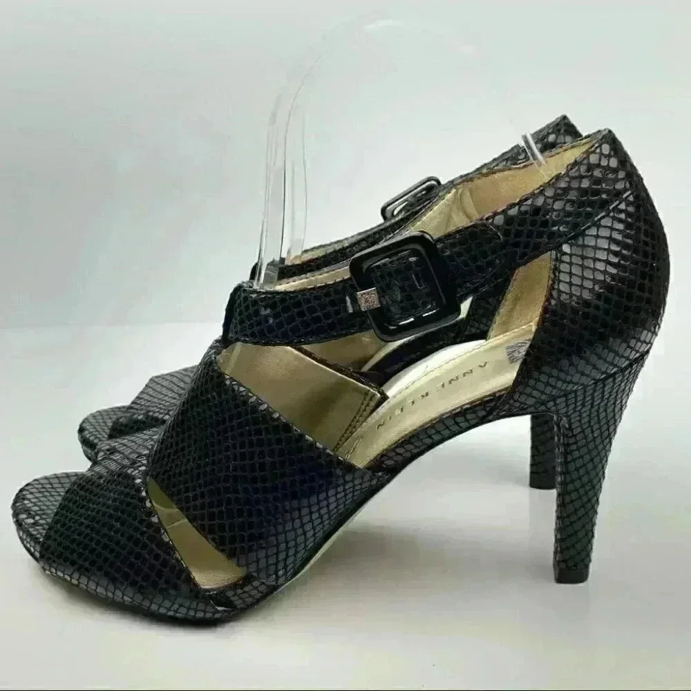 Anne Klein Akouray heels sz 8.5 black leather snakeskin print Dorsay platforms